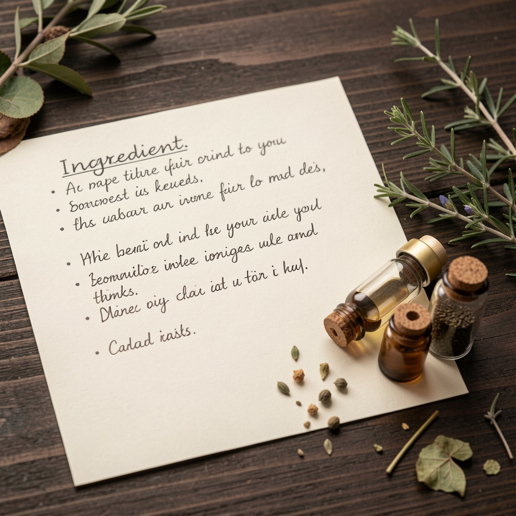 Open book of ingredient sourcing notes on a dark wooden desk with glass jars and dried botanical samples alongside, editorial documentation photograph